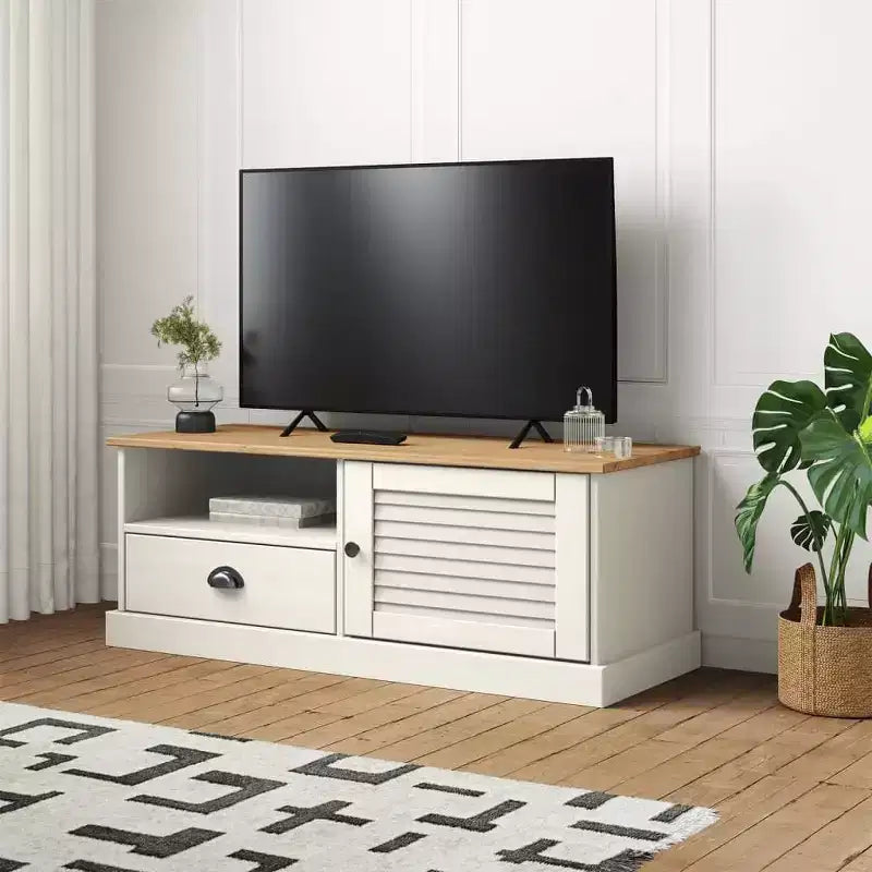 vidaXL Mueble de TV VIGO de Madera Maciza de Pino Blanca, Centro de Entretenimiento - 105,9x40x40 cm con Cajón, Estante Abierto y Armario, Fácil de Limpiar