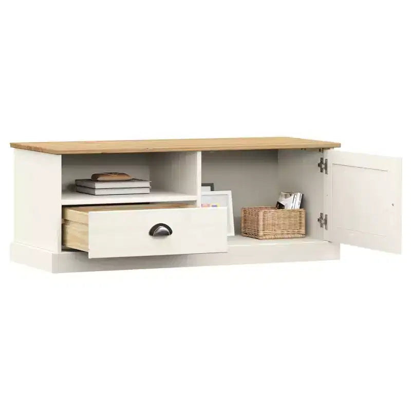 vidaXL Mueble de TV VIGO de Madera Maciza de Pino Blanca, Centro de Entretenimiento - 105,9x40x40 cm con Cajón, Estante Abierto y Armario, Fácil de Limpiar