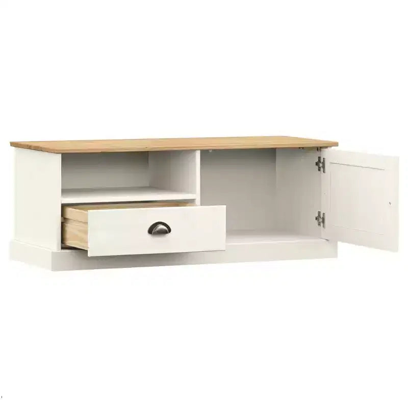 vidaXL Mueble de TV VIGO de Madera Maciza de Pino Blanca, Centro de Entretenimiento - 105,9x40x40 cm con Cajón, Estante Abierto y Armario, Fácil de Limpiar