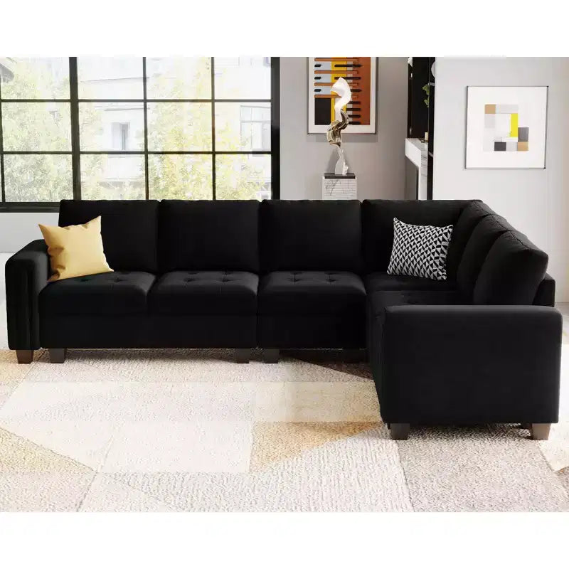 Sofá modular Belffin de terciopelo capitoné en forma de L con chaise reversible, sofá seccional modular convertible con otomana de almacenamiento