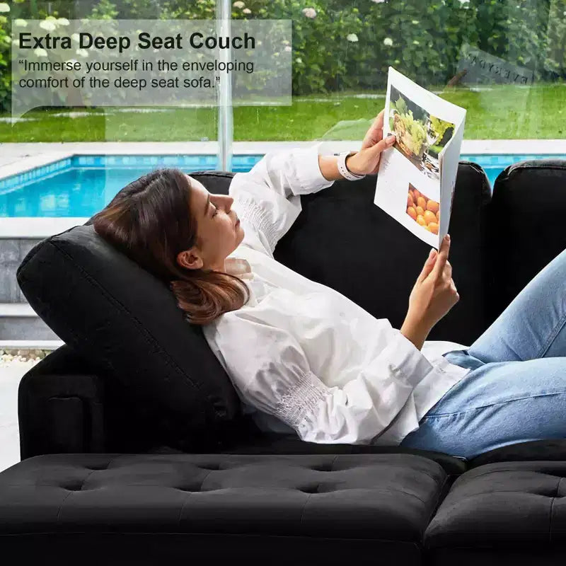 Sofá modular Belffin de terciopelo capitoné en forma de L con chaise reversible, sofá seccional modular convertible con otomana de almacenamiento