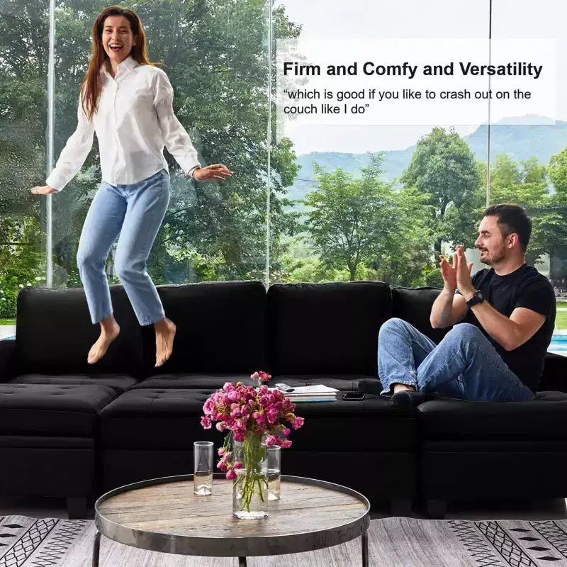 Sofá modular Belffin de terciopelo capitoné en forma de L con chaise reversible, sofá seccional modular convertible con otomana de almacenamiento