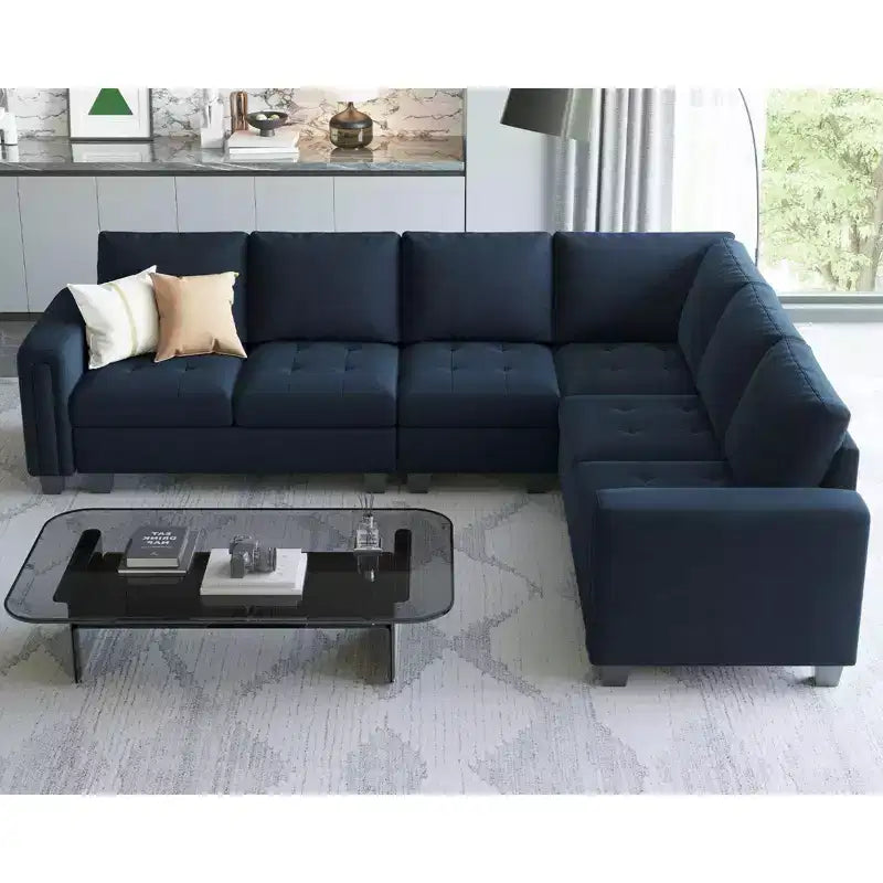 Sofá modular Belffin de terciopelo capitoné en forma de L con chaise reversible, sofá seccional modular convertible con otomana de almacenamiento