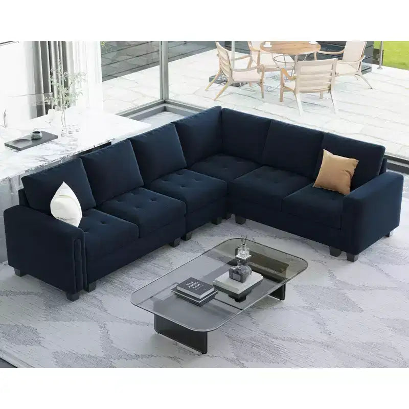 Sofá modular Belffin de terciopelo capitoné en forma de L con chaise reversible, sofá seccional modular convertible con otomana de almacenamiento