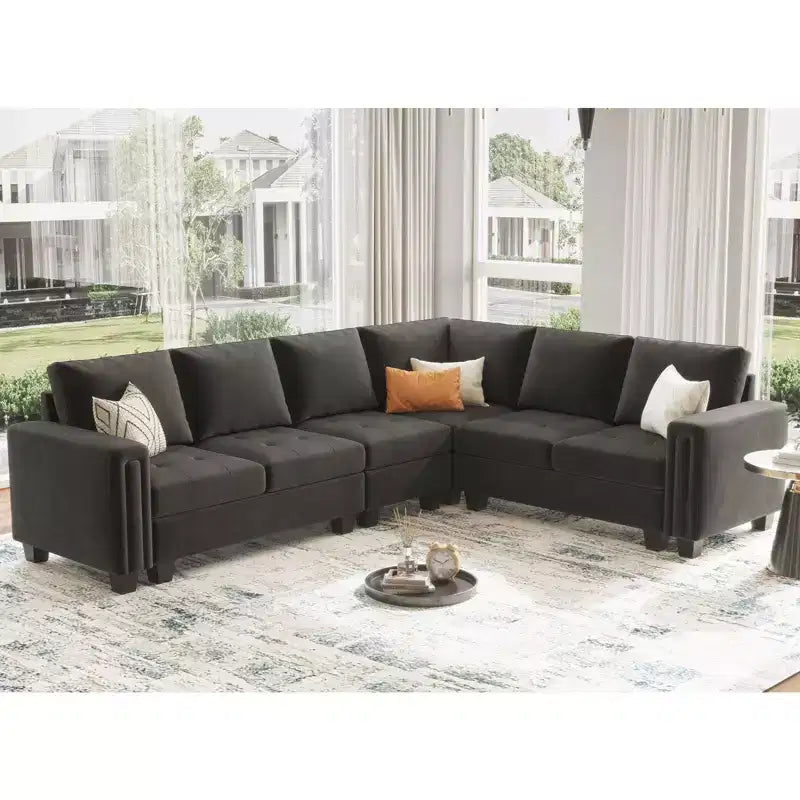 Sofá modular Belffin de terciopelo capitoné en forma de L con chaise reversible, sofá seccional modular convertible con otomana de almacenamiento