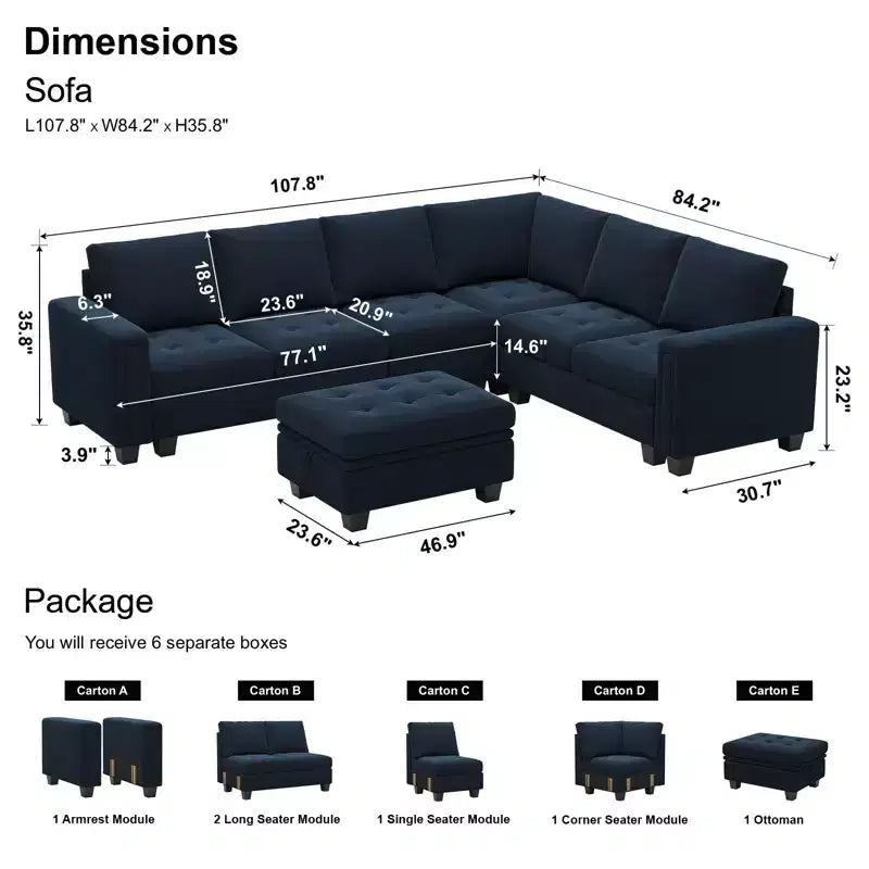 Sofá modular Belffin de terciopelo capitoné en forma de L con chaise reversible, sofá seccional modular convertible con otomana de almacenamiento