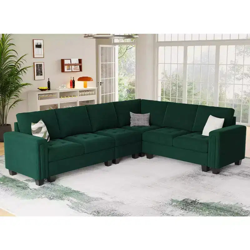 Sofá modular Belffin de terciopelo capitoné en forma de L con chaise reversible, sofá seccional modular convertible con otomana de almacenamiento