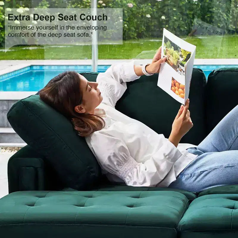 Sofá modular Belffin de terciopelo capitoné en forma de L con chaise reversible, sofá seccional modular convertible con otomana de almacenamiento