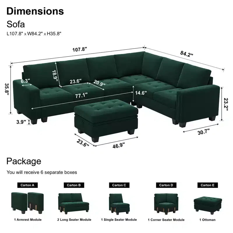 Sofá modular Belffin de terciopelo capitoné en forma de L con chaise reversible, sofá seccional modular convertible con otomana de almacenamiento