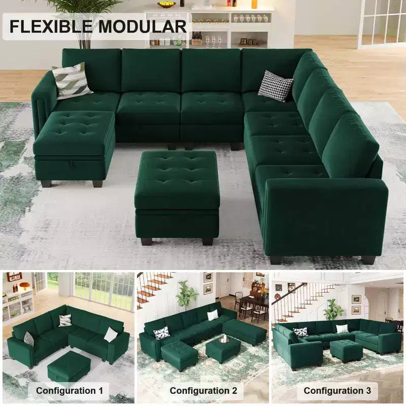 Sofá modular Belffin de terciopelo capitoné en forma de L con chaise reversible, sofá seccional modular convertible con otomana de almacenamiento