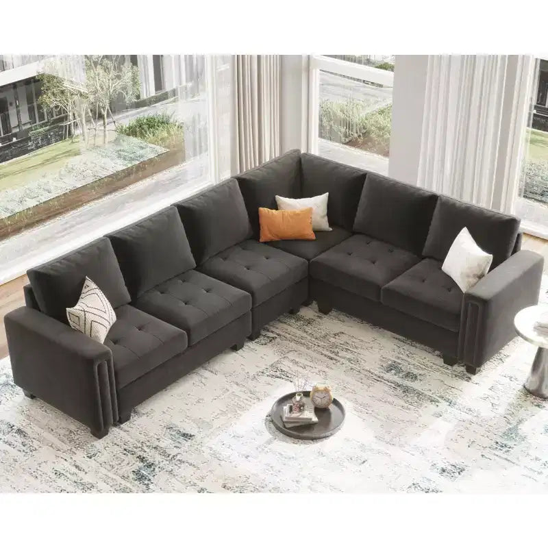 Sofá modular Belffin de terciopelo capitoné en forma de L con chaise reversible, sofá seccional modular convertible con otomana de almacenamiento