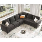 Sofá modular Belffin de terciopelo capitoné en forma de L con chaise reversible, sofá seccional modular convertible con otomana de almacenamiento