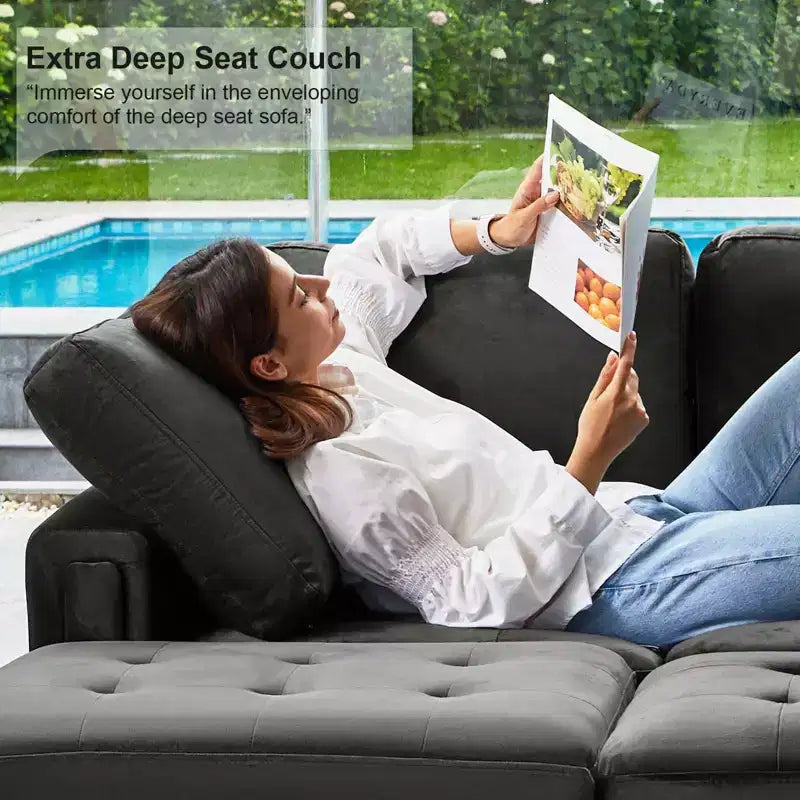 Sofá modular Belffin de terciopelo capitoné en forma de L con chaise reversible, sofá seccional modular convertible con otomana de almacenamiento
