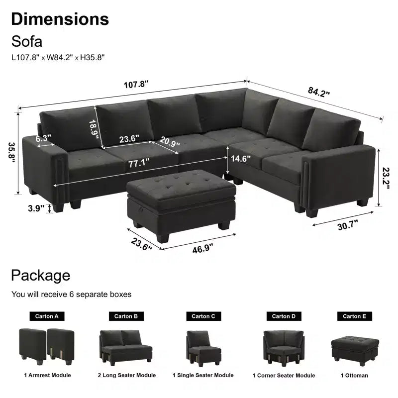 Sofá modular Belffin de terciopelo capitoné en forma de L con chaise reversible, sofá seccional modular convertible con otomana de almacenamiento