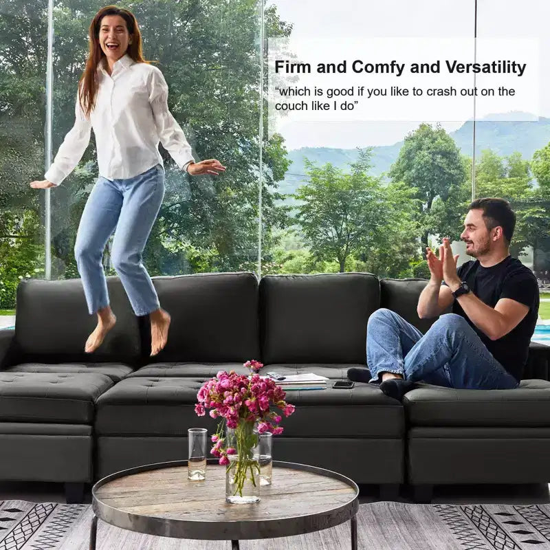 Sofá modular Belffin de terciopelo capitoné en forma de L con chaise reversible, sofá seccional modular convertible con otomana de almacenamiento