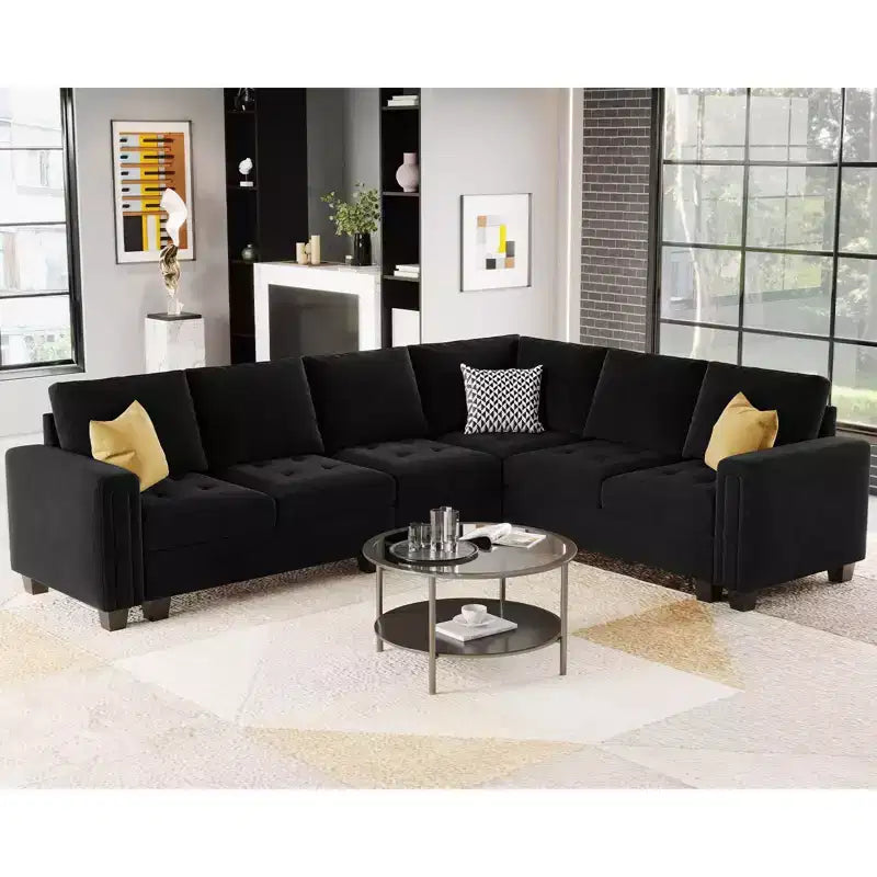 Sofá modular Belffin de terciopelo capitoné en forma de L con chaise reversible, sofá seccional modular convertible con otomana de almacenamiento