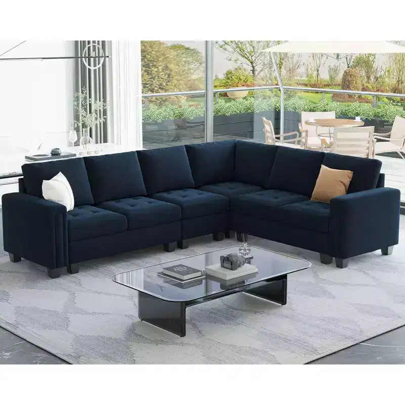 Sofá modular Belffin de terciopelo capitoné en forma de L con chaise reversible, sofá seccional modular convertible con otomana de almacenamiento