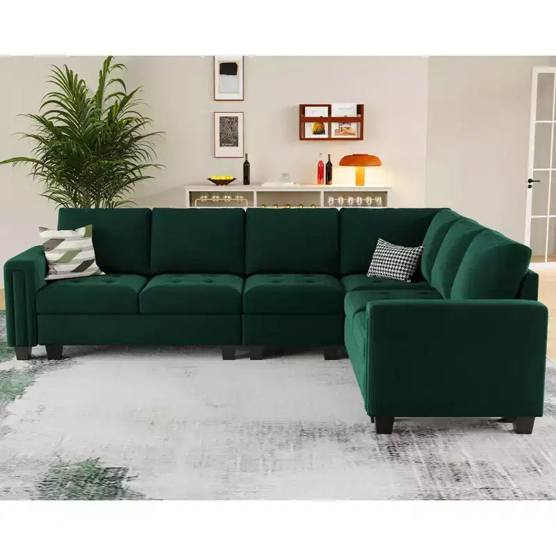 Sofá modular Belffin de terciopelo capitoné en forma de L con chaise reversible, sofá seccional modular convertible con otomana de almacenamiento