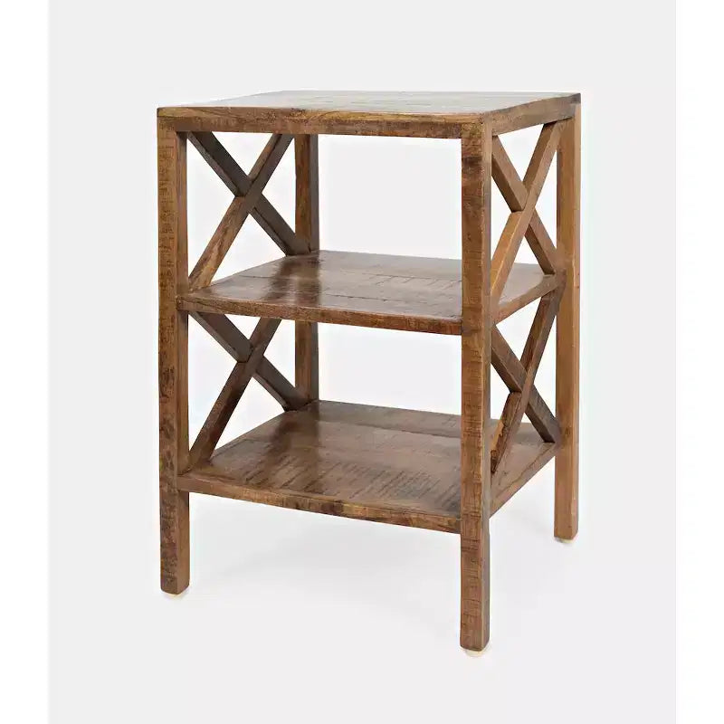 Jofran, Mesa auxiliar moderna rústica de madera maciza Global Archive con forma de X y dos estantes - Color dorado