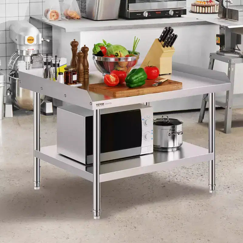 Mesa de Trabajo VEVOR de Acero Inoxidable, Mesa de Trabajo Comercial de 30 x 36 x 26 Pulgadas para Preparación de Alimentos, Mesa de Trabajo Resistente con Respaldo de 3 Lados, Mesa de Trabajo Metálica