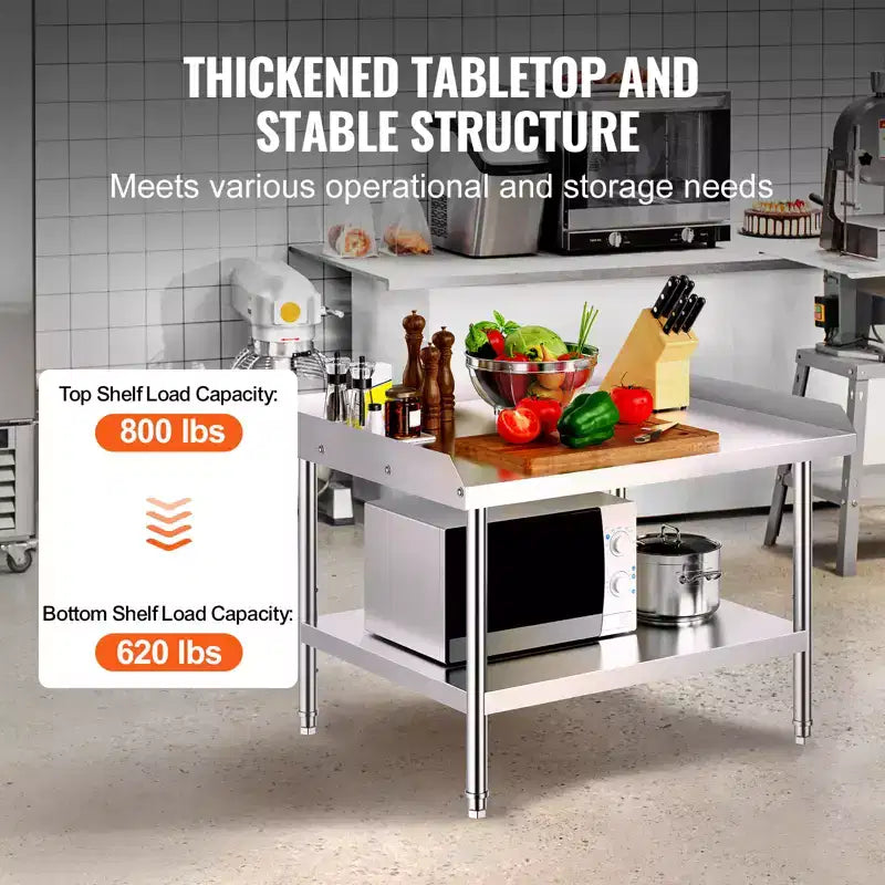 Mesa de Trabajo VEVOR de Acero Inoxidable, Mesa de Trabajo Comercial de 30 x 36 x 26 Pulgadas para Preparación de Alimentos, Mesa de Trabajo Resistente con Respaldo de 3 Lados, Mesa de Trabajo Metálica