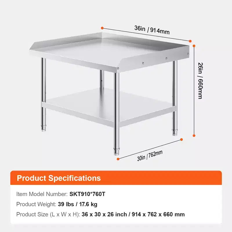 Mesa de Trabajo VEVOR de Acero Inoxidable, Mesa de Trabajo Comercial de 30 x 36 x 26 Pulgadas para Preparación de Alimentos, Mesa de Trabajo Resistente con Respaldo de 3 Lados, Mesa de Trabajo Metálica
