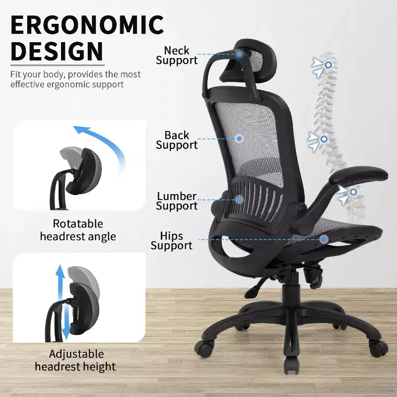 Silla de oficina FDW con respaldo alto, giratoria, de malla, con altura ajustable