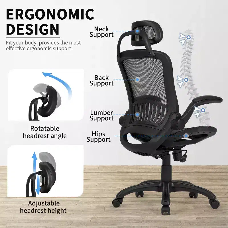 Silla de oficina FDW con respaldo alto, giratoria, de malla, con altura ajustable