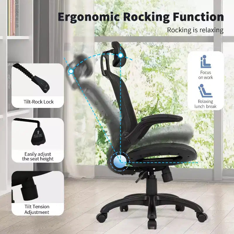 Silla de oficina FDW con respaldo alto, giratoria, de malla, con altura ajustable