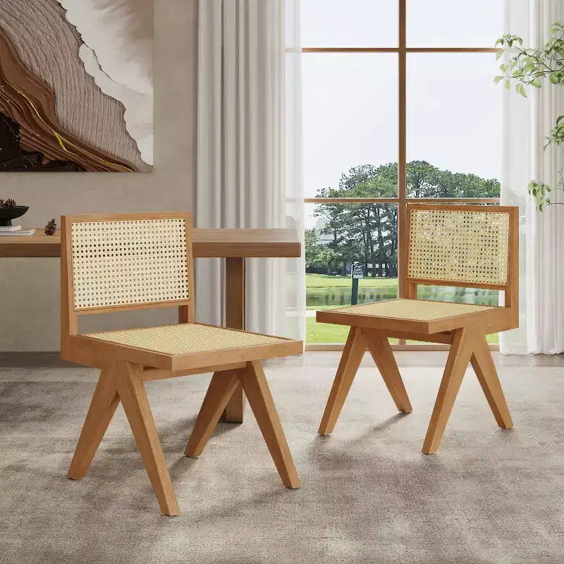 Silla de comedor sin brazos Christopher Knight Home Sepp de madera de caucho y ratán con patas en forma de V (juego de 2)