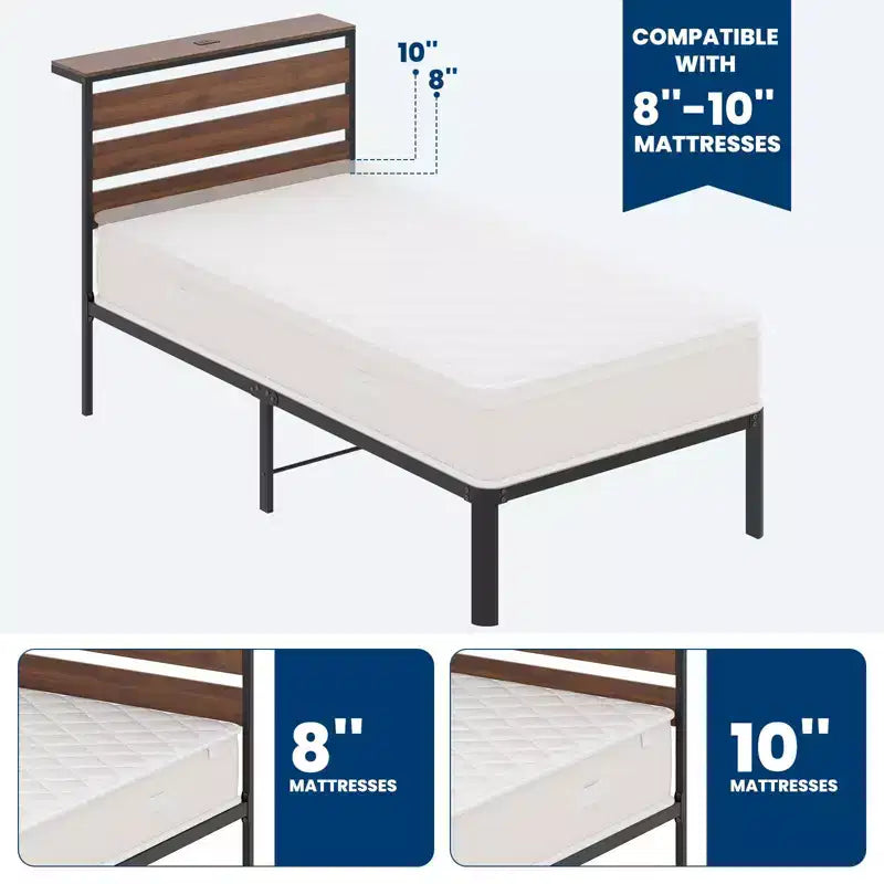 Estructura de cama Lusimo Twin de metal con plataforma, estación de carga e iluminación LED, ahorro de espacio, fácil montaje