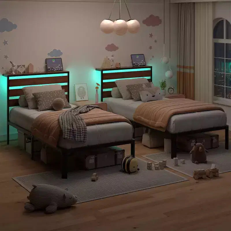Estructura de cama Lusimo Twin de metal con plataforma, estación de carga e iluminación LED, ahorro de espacio, fácil montaje