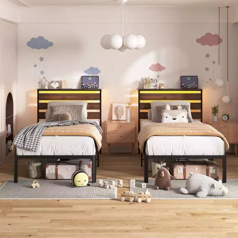 Estructura de cama Lusimo Twin de metal con plataforma, estación de carga e iluminación LED, ahorro de espacio, fácil montaje