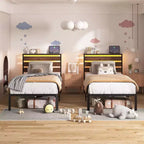 Estructura de cama Lusimo Twin de metal con plataforma, estación de carga e iluminación LED, ahorro de espacio, fácil montaje