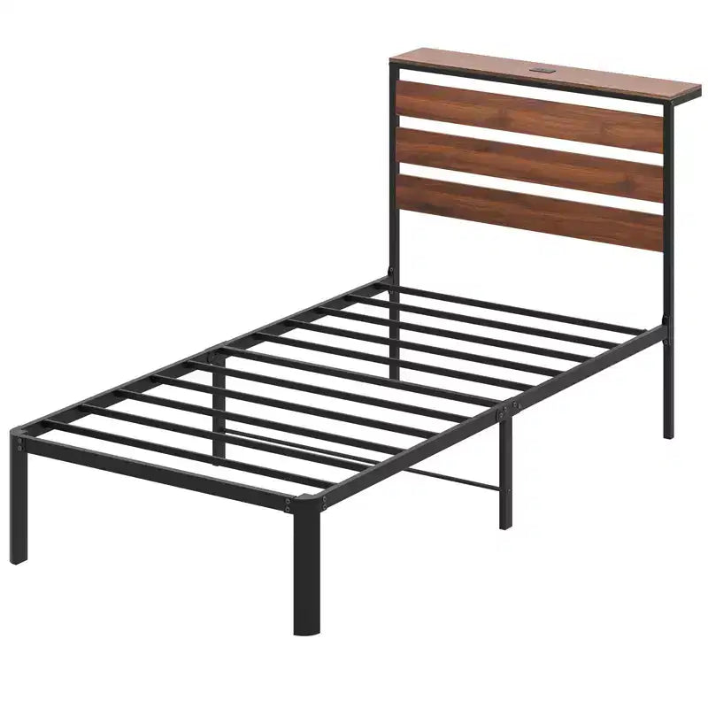 Estructura de cama Lusimo Twin de metal con plataforma, estación de carga e iluminación LED, ahorro de espacio, fácil montaje