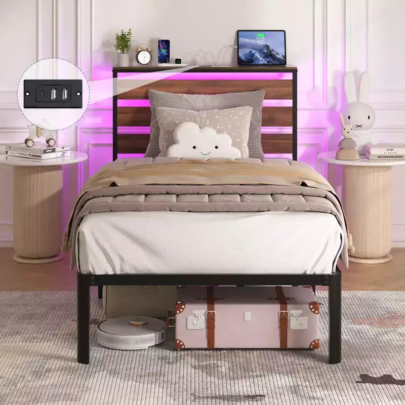 Estructura de cama Lusimo Twin de metal con plataforma, estación de carga e iluminación LED, ahorro de espacio, fácil montaje