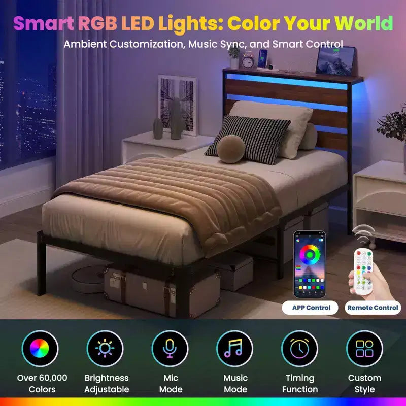 Estructura de cama Lusimo Twin de metal con plataforma, estación de carga e iluminación LED, ahorro de espacio, fácil montaje