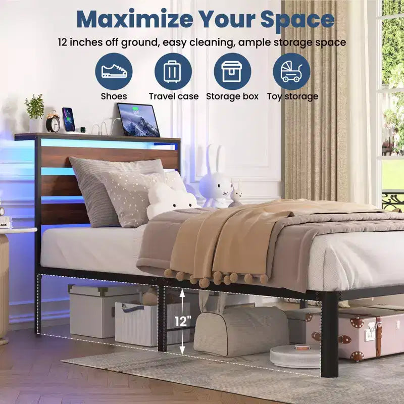Estructura de cama Lusimo Twin de metal con plataforma, estación de carga e iluminación LED, ahorro de espacio, fácil montaje