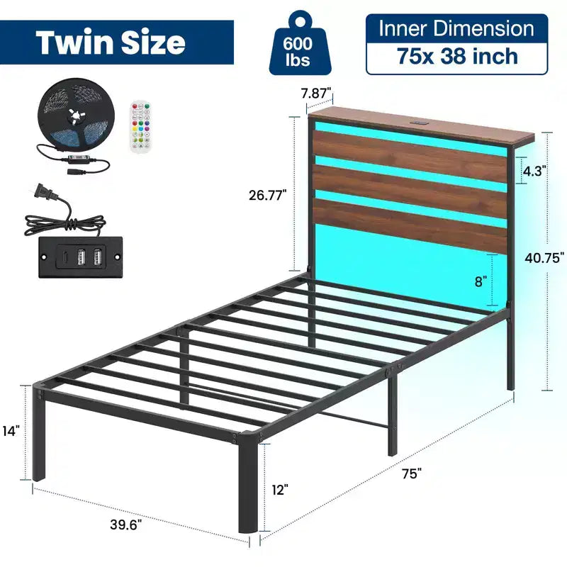 Estructura de cama Lusimo Twin de metal con plataforma, estación de carga e iluminación LED, ahorro de espacio, fácil montaje