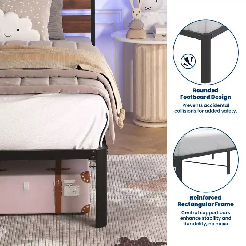 Estructura de cama Lusimo Twin de metal con plataforma, estación de carga e iluminación LED, ahorro de espacio, fácil montaje