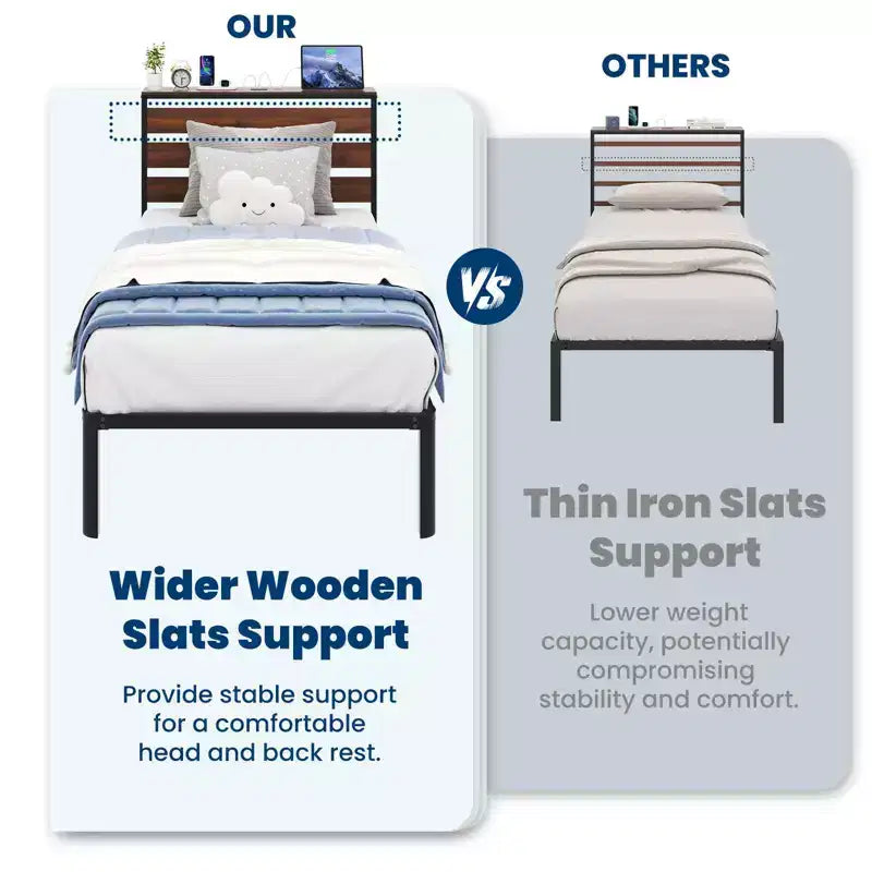 Estructura de cama Lusimo Twin de metal con plataforma, estación de carga e iluminación LED, ahorro de espacio, fácil montaje