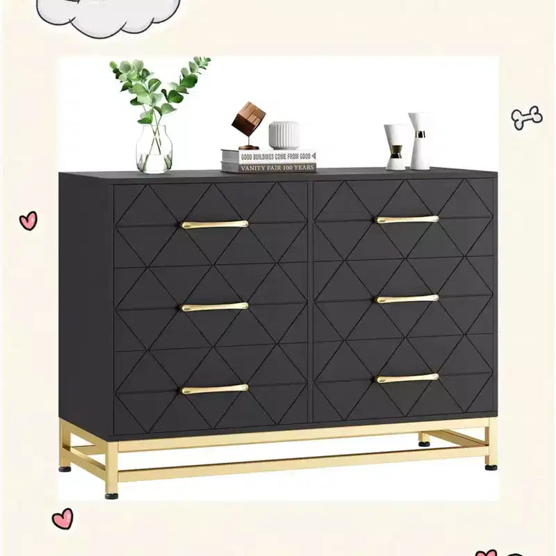 Garvee elegante cómoda negra de 6 cajones con tiradores dorados -Dispositivo antivuelco, perfecta para un almacenamiento seguro y espacioso