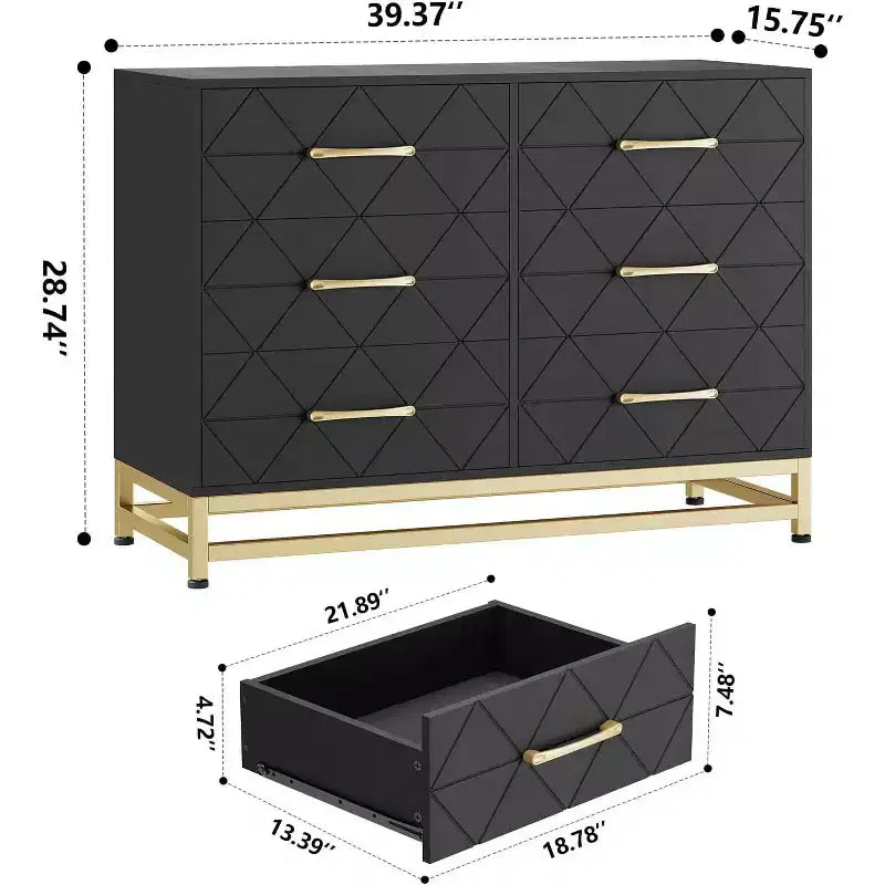 Garvee elegante cómoda negra de 6 cajones con tiradores dorados -Dispositivo antivuelco, perfecta para un almacenamiento seguro y espacioso