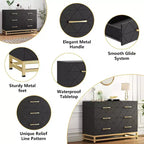 Garvee elegante cómoda negra de 6 cajones con tiradores dorados -Dispositivo antivuelco, perfecta para un almacenamiento seguro y espacioso