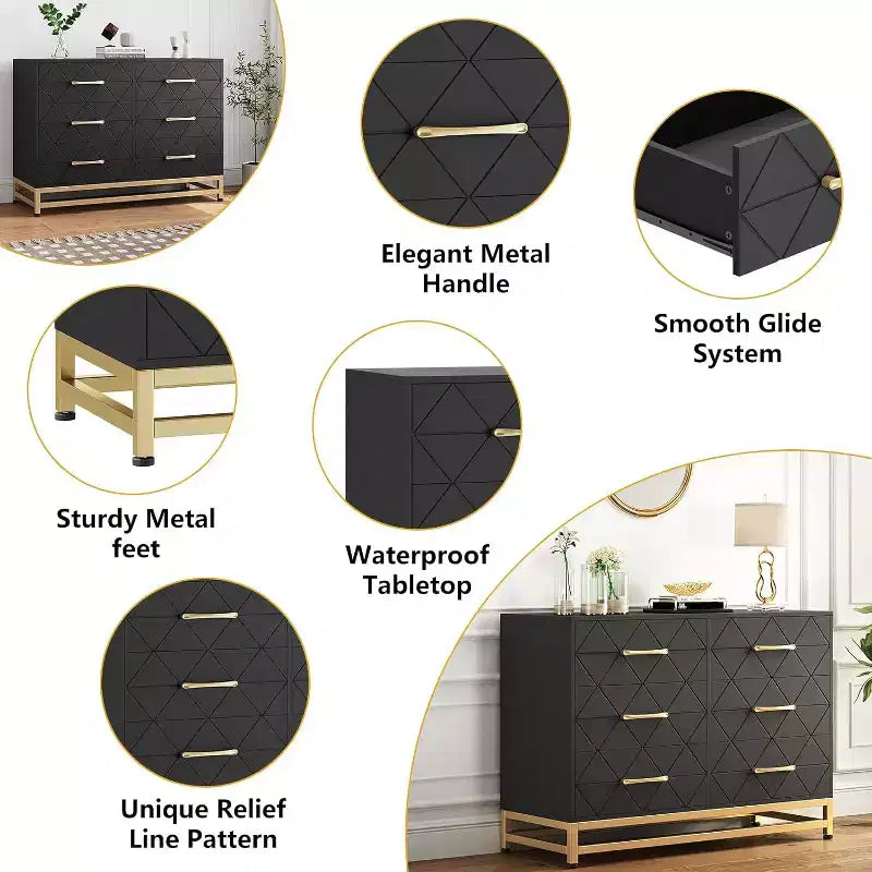 Garvee elegante cómoda negra de 6 cajones con tiradores dorados -Dispositivo antivuelco, perfecta para un almacenamiento seguro y espacioso