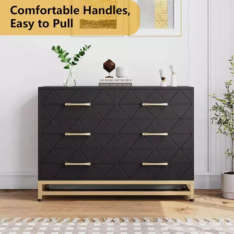 Garvee elegante cómoda negra de 6 cajones con tiradores dorados -Dispositivo antivuelco, perfecta para un almacenamiento seguro y espacioso