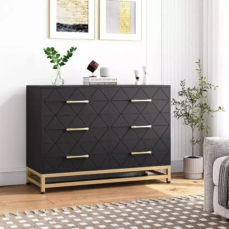 Garvee elegante cómoda negra de 6 cajones con tiradores dorados -Dispositivo antivuelco, perfecta para un almacenamiento seguro y espacioso