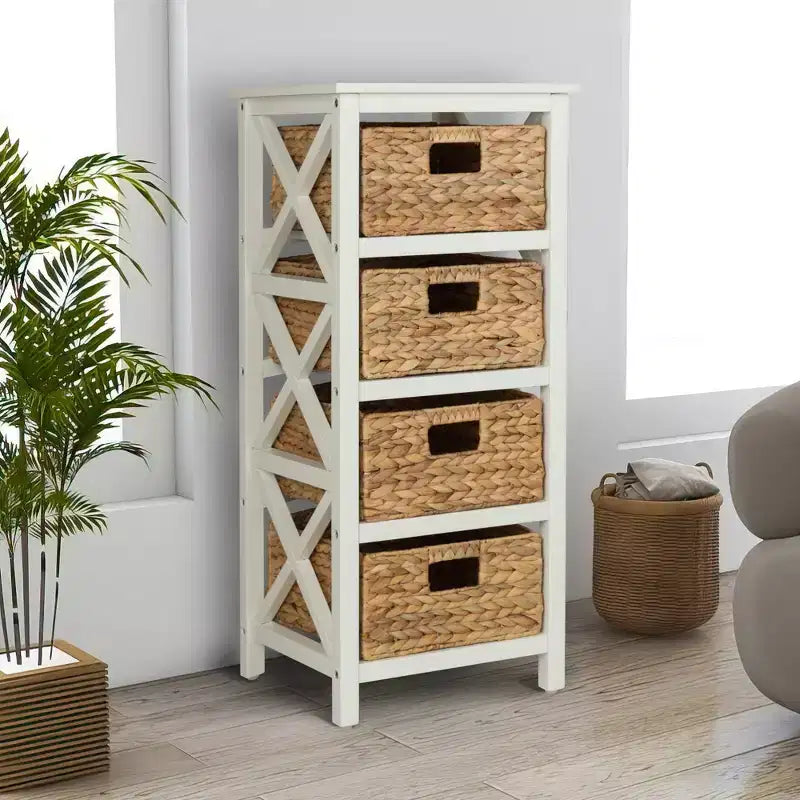 Mesa auxiliar de almacenamiento eHemco de 4 niveles con diseño en X y 4 cestas de mimbre