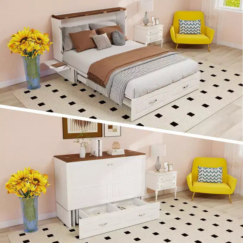Cama Murphy Queen Keloyid con Armazón de MDF Blanco, Estación de Carga y Cajón de Almacenamiento