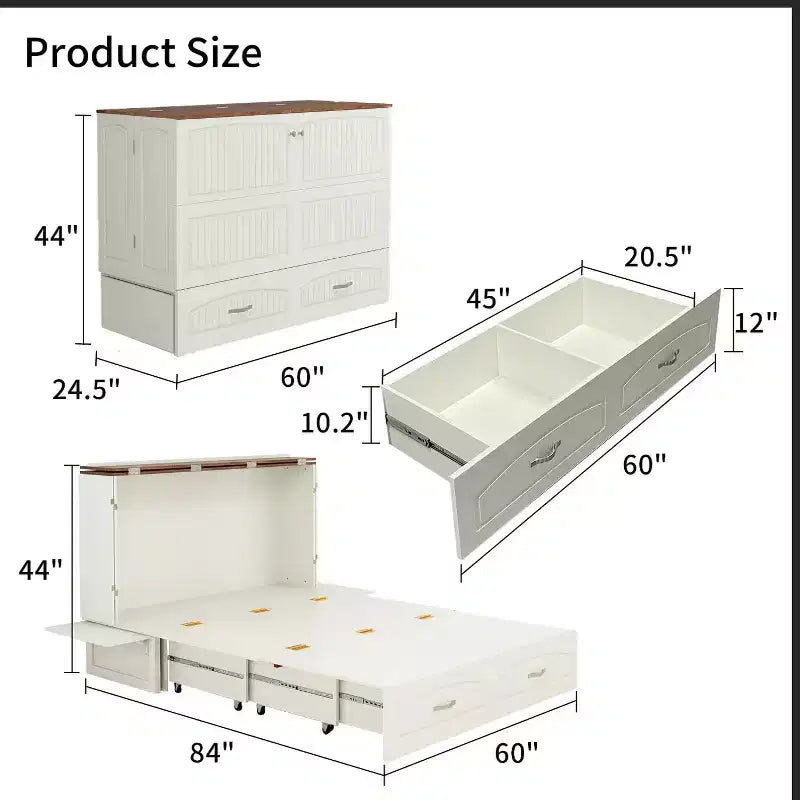 Cama Murphy Queen Keloyid con Armazón de MDF Blanco, Estación de Carga y Cajón de Almacenamiento